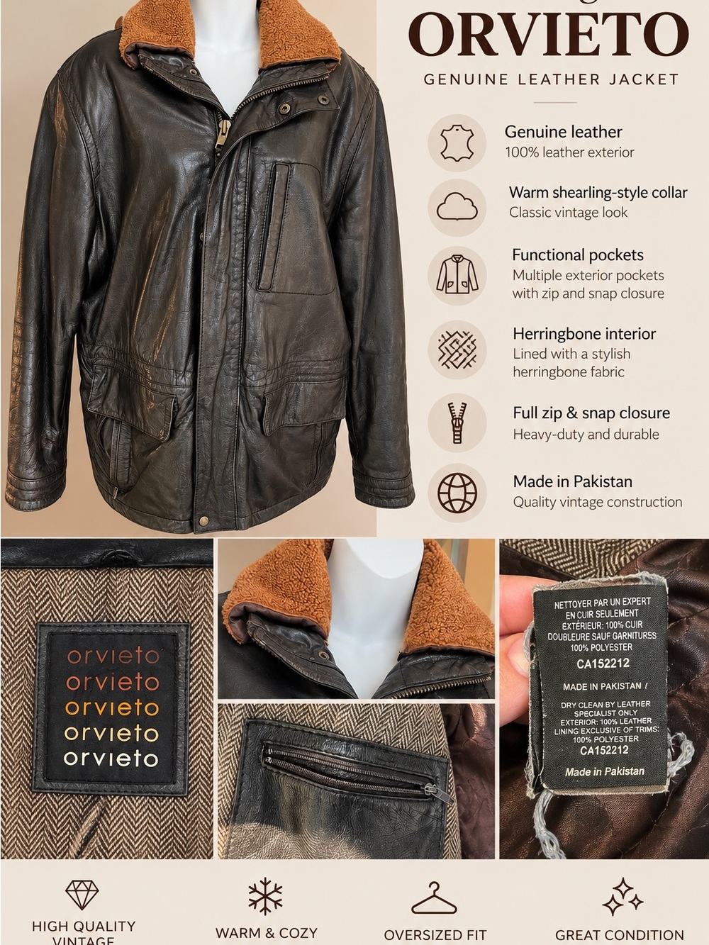 Vintage Orvieto Genuine Leather Jacket Brown Shearling Collar